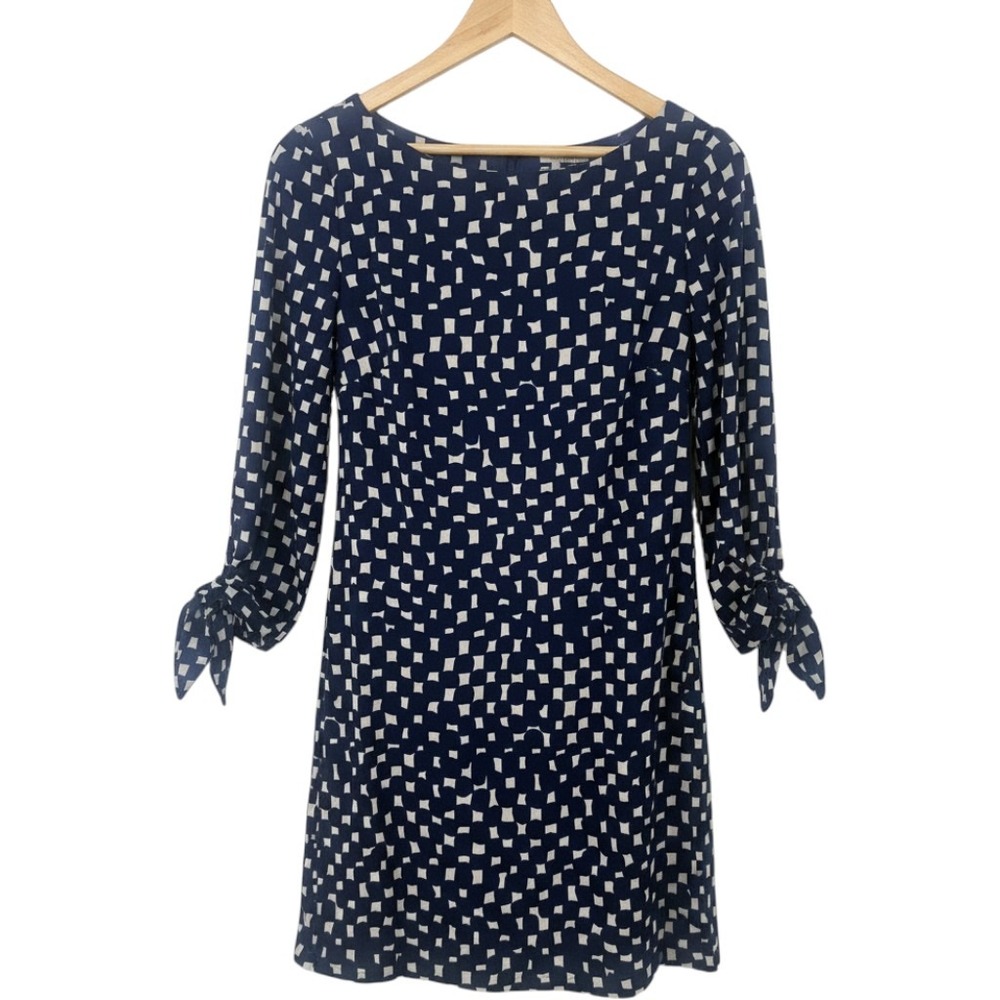 Tahari Shift‎ Dress Womens 2 Blue White Geometric Tie Sleeve Mini Office Career